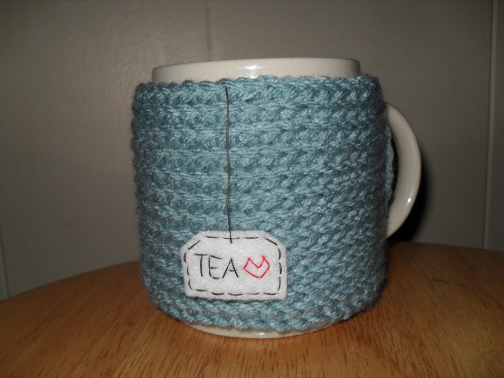 hand knit mug cozy cup cozy in antique teal with hanging tea patch with red heart