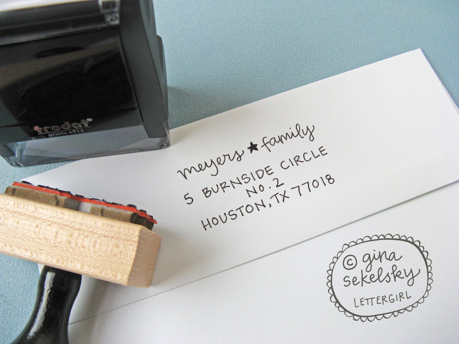 Amery Handwritten Address Stamp:  your choice of self-inking or red rubber