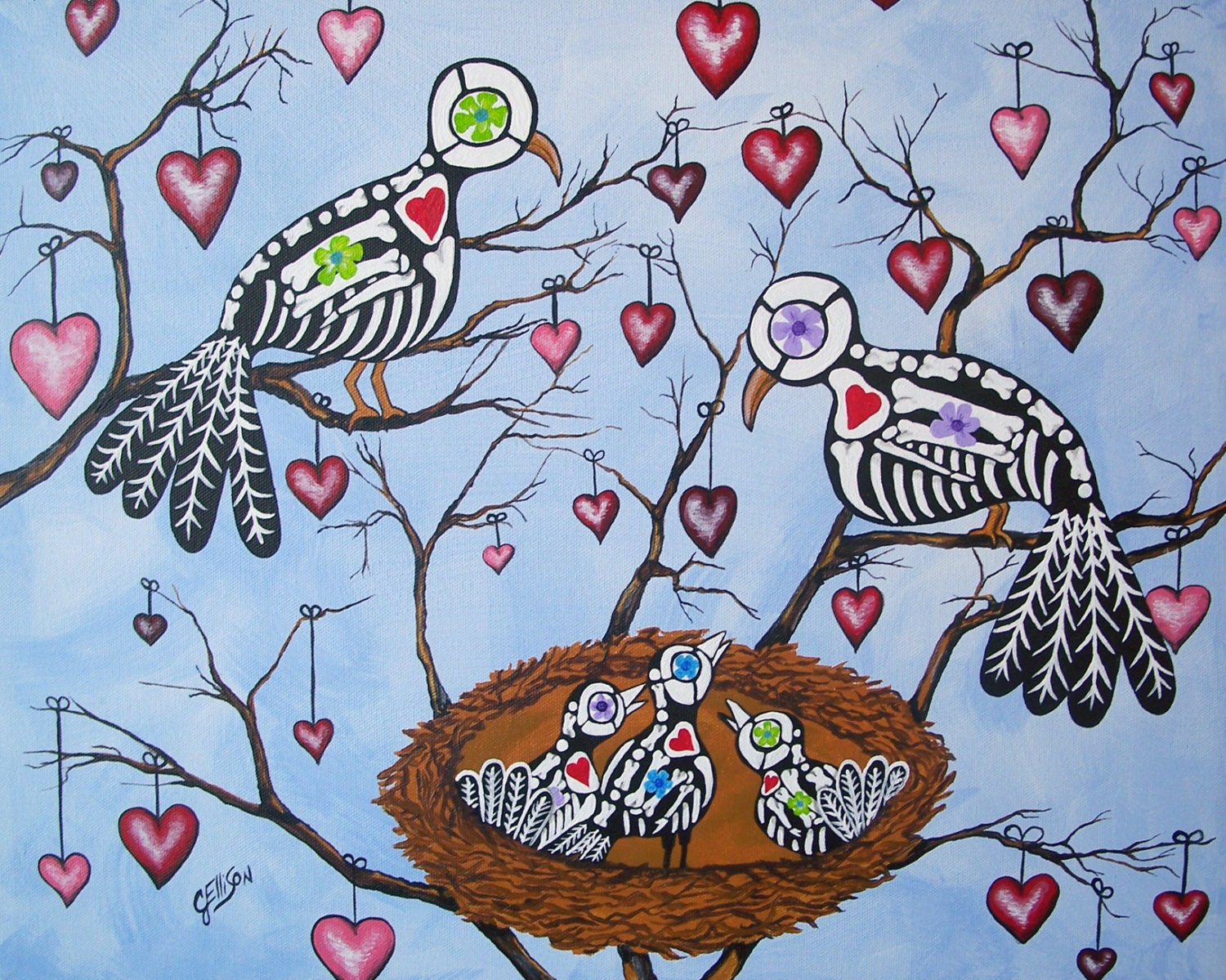 Original Painting Day of the Dead "The Love Birds' Nest" in a heart tree by Modern Folk Artist Julie Ellison Mexican Skeletons