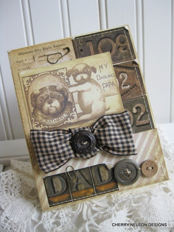 fathers day card-VINTAGE PUPPY and PAPA dog with bowtie-handmade dad stitched card