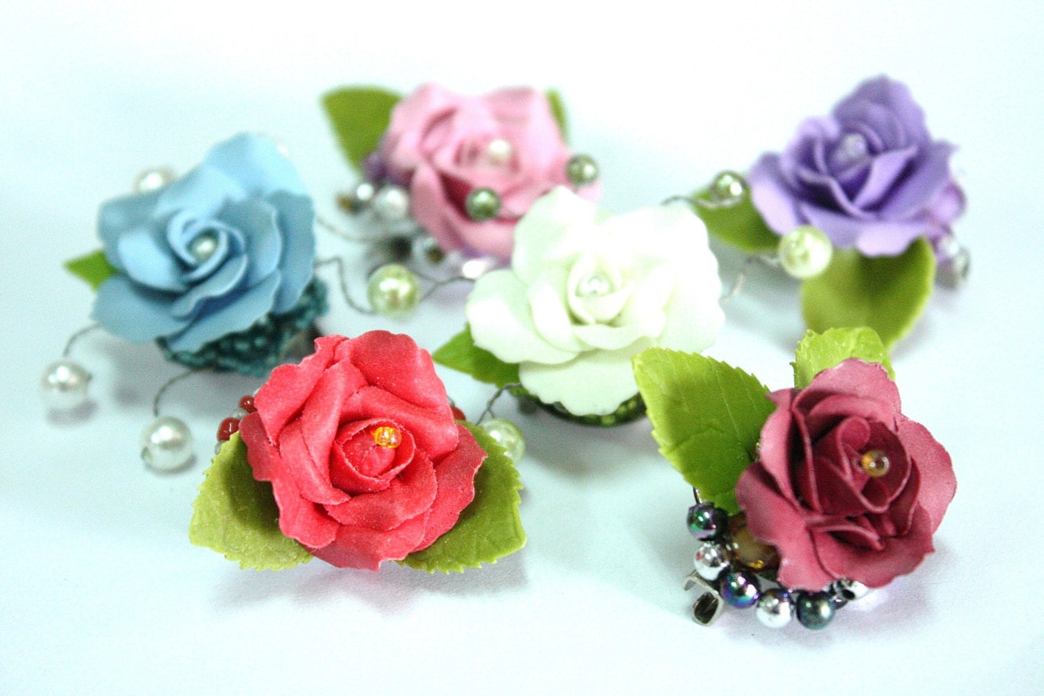 Tiny Roses, Polymer Clay Flowers Handmade Jewelry, Pin for Romantic Gifts 5 pcs, assorted