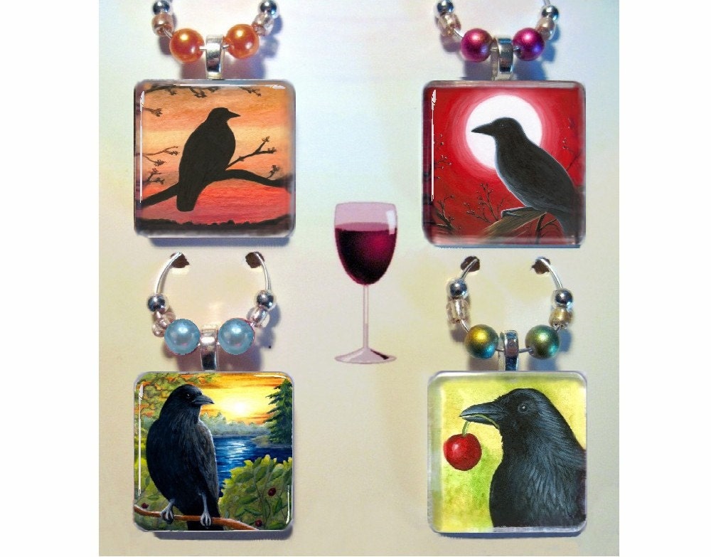 Set of 4 Wine Charms Glass 1x1 inch Birds 1 Crow Raven from original art by Lucie Dumas
