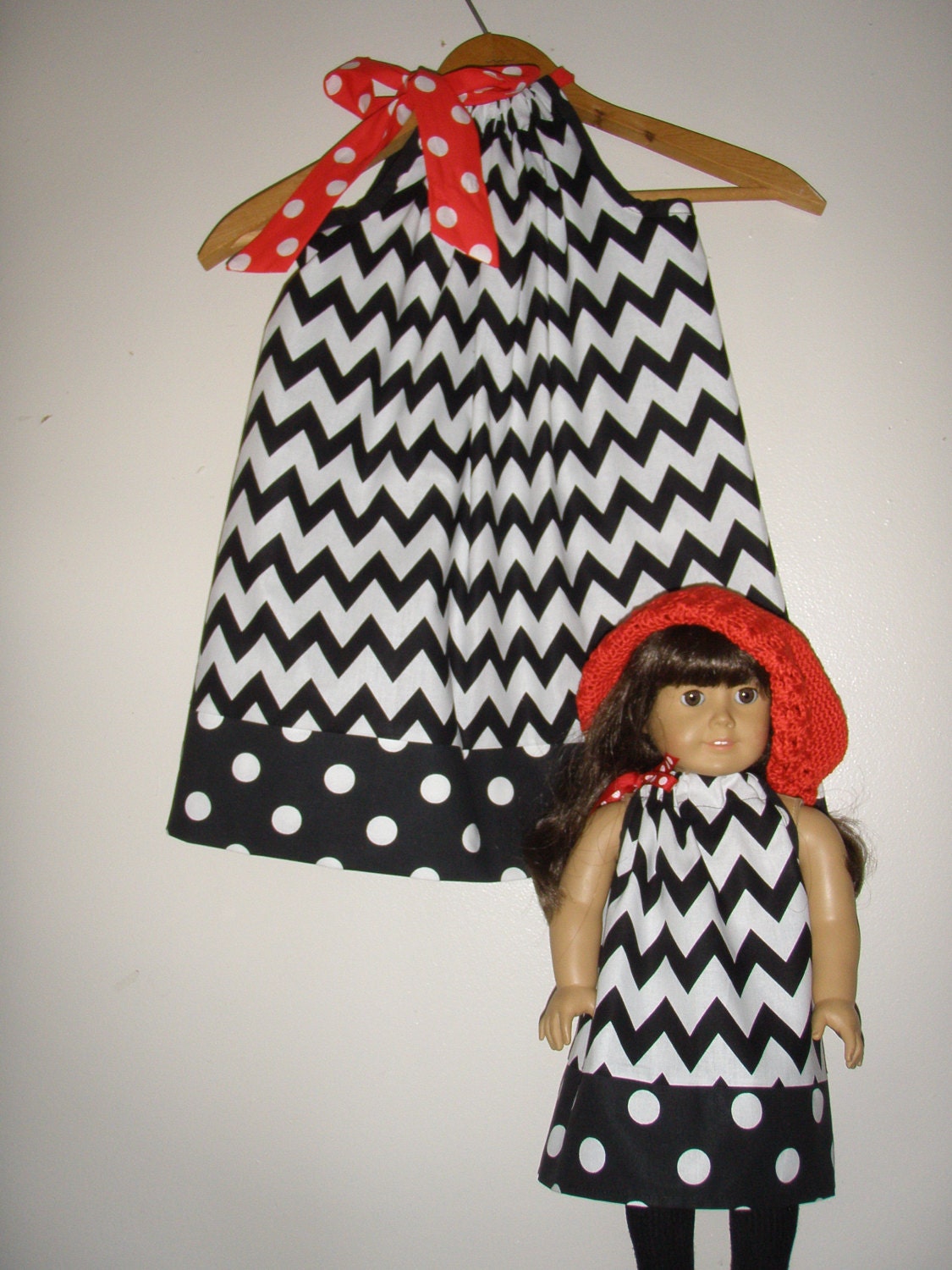 on Sale 19.99 Chevron black white Pillowcase dress matching 18 inch doll dress pillowcase dress  (small to medium )