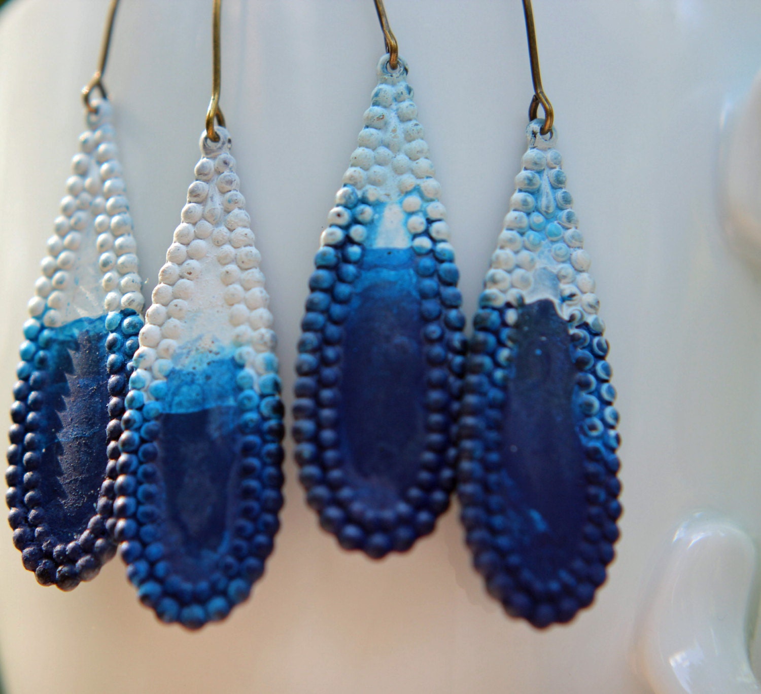 Ombre Indigo Earrings - Dip Dye Patina - Blue, Turquoise, White Wash - Teardrop Dangles - Summer, Beach, Shabby Seaside - Gift Box