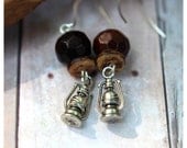 Camping Lantern Earrings - Kerosene Lamp Dangles with Wood Beads - Rustic - Summer Fun - Tent Camping