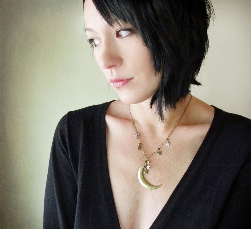 Crescent Moon Necklace - Celestial Moon and Stars - Boho Bohemian - Gold Brass and Silver - Gift Box