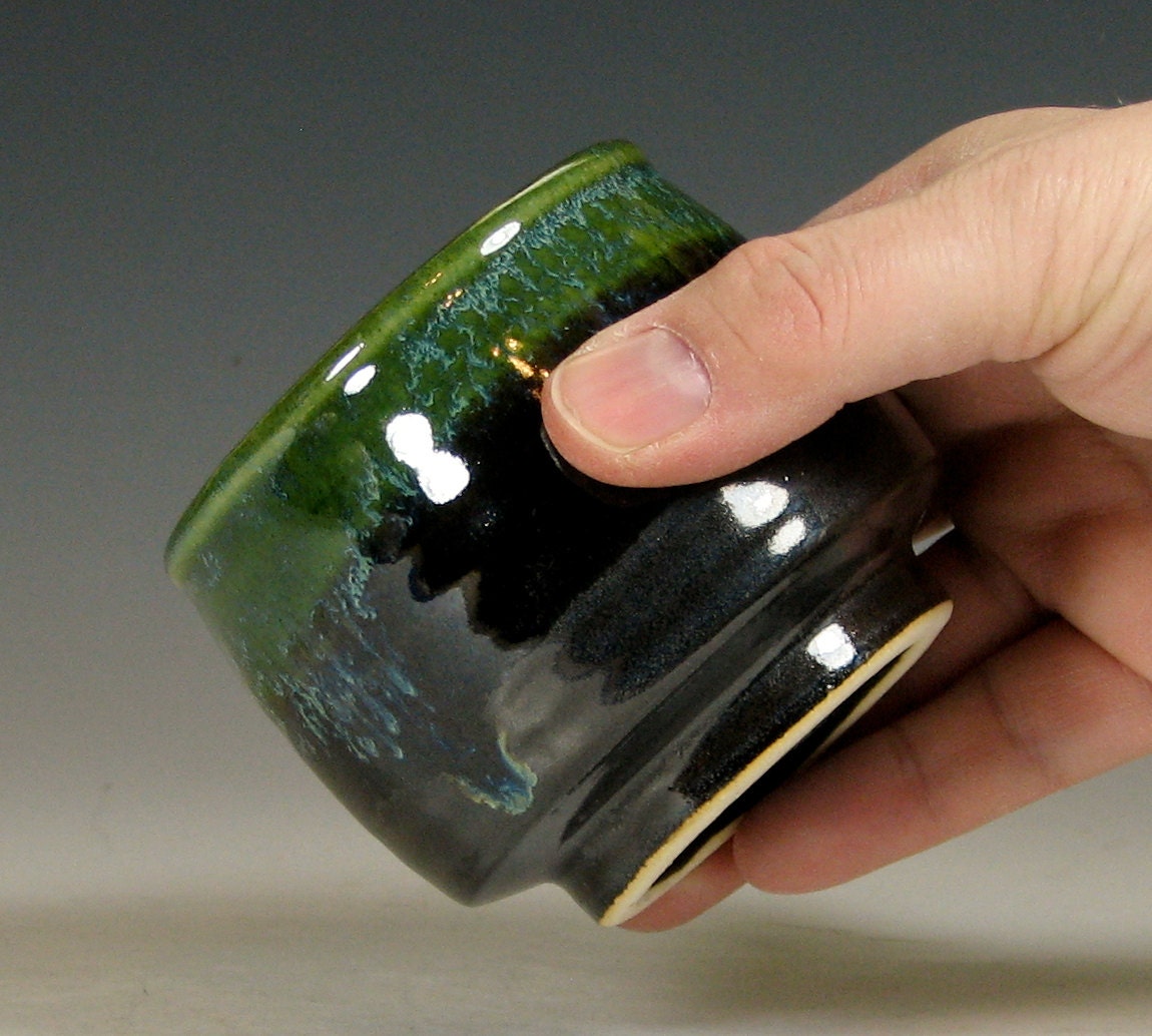 Tea cup, small tumbler ceramic, juice glass, glazed in green gray, handmade stoneware by hughes pottery