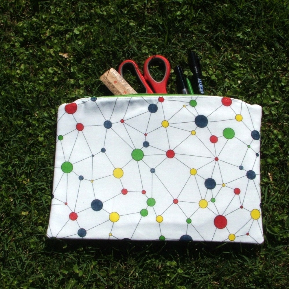 Large pencil case zipped pouch molecules atomic white cotton lined travel bag