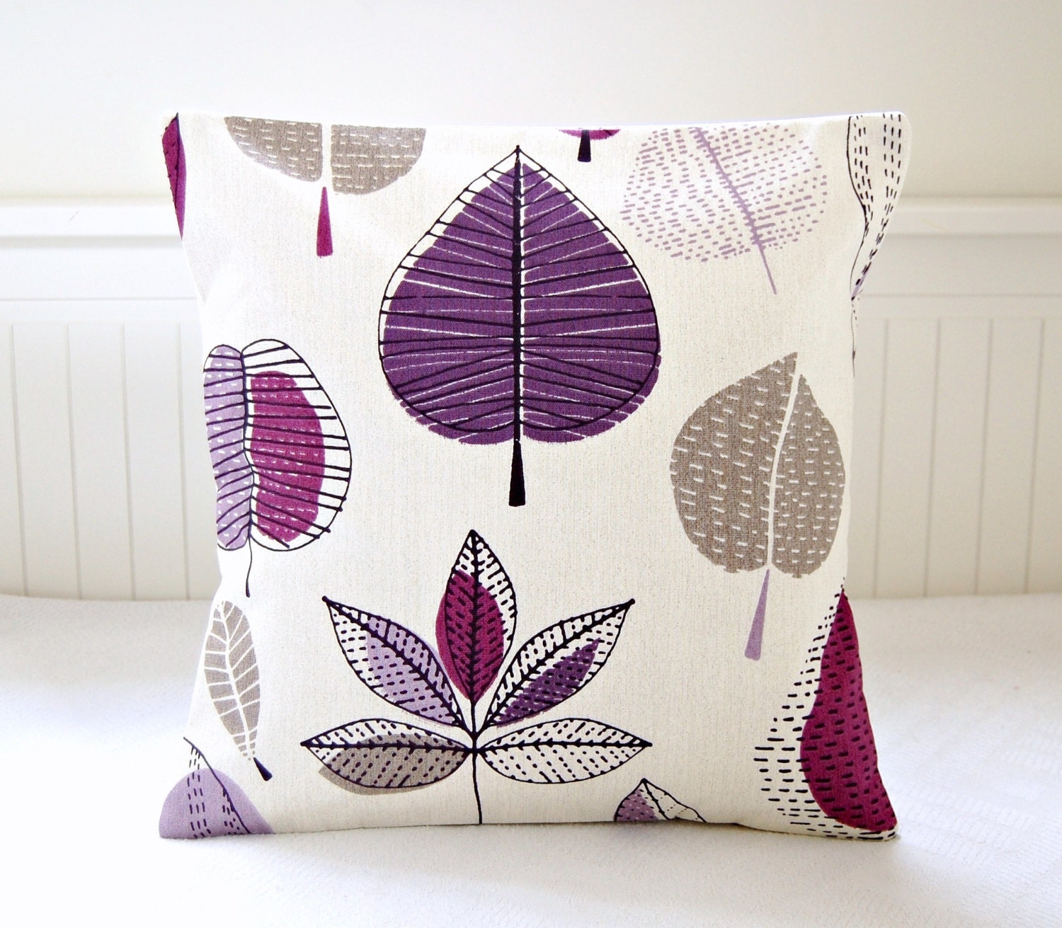 16 inch grey purple pillow cover, mauve gray damson leaves cushion cover,