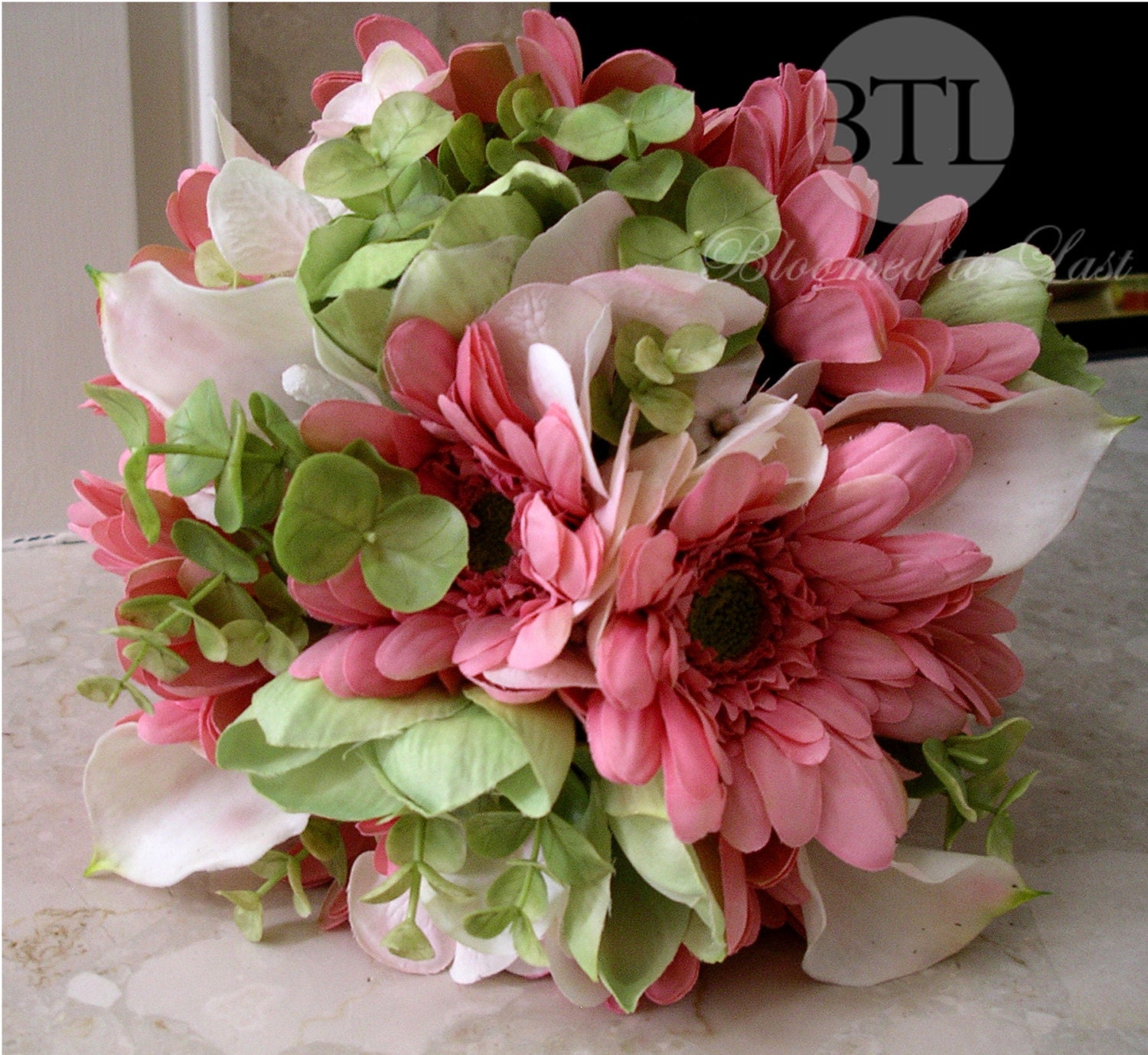 Mint, Pink, White Silk Gerbera Daisy Real Touch Calla Lily Wedding Bouquet for Spring, Summer, Garden, Romantic, Vintage Wedding