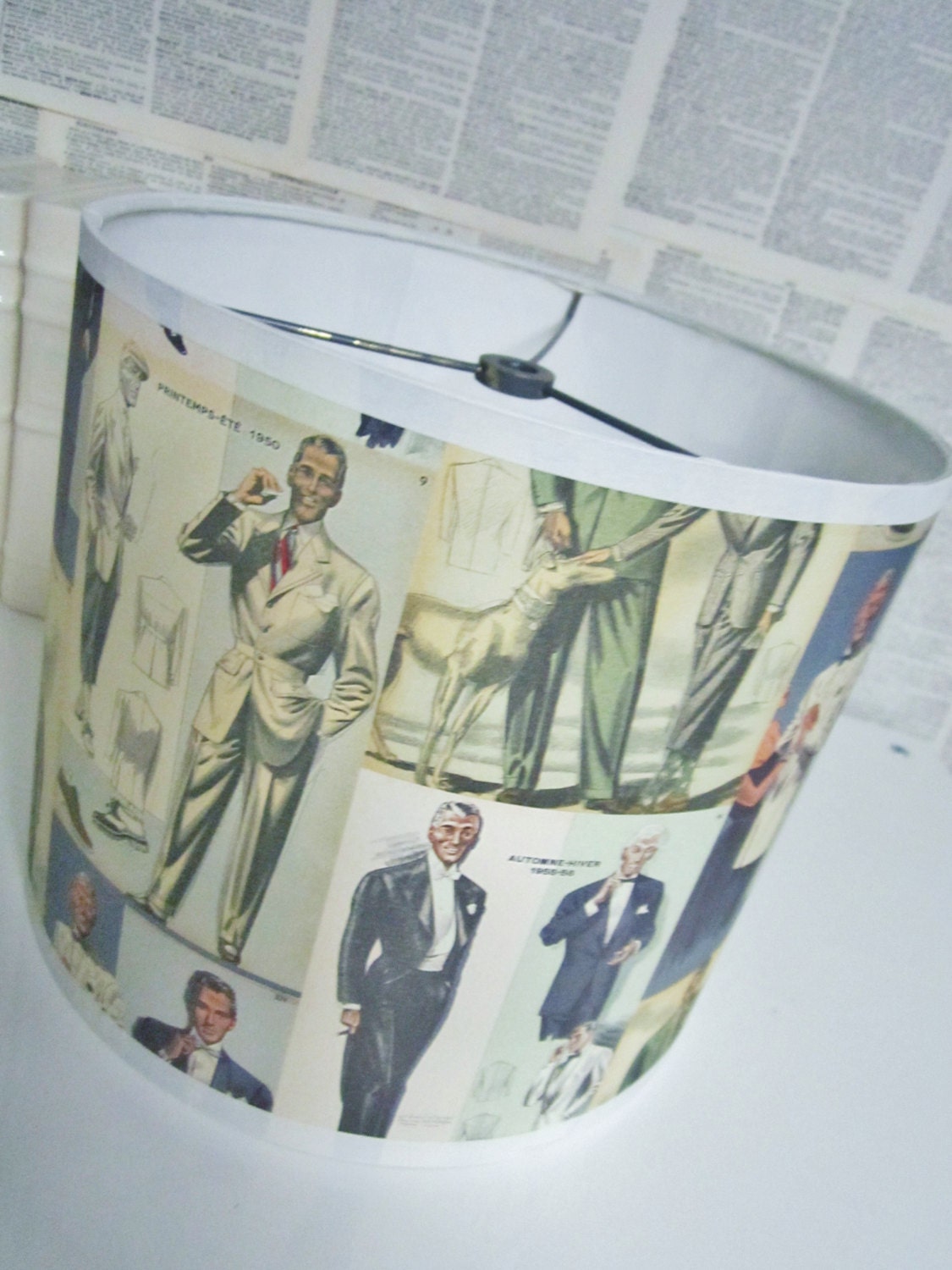 small lamp shade vintage menswear print, good for cubicle, desk, accent lighting