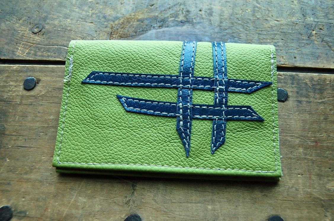 SALE--woven blue on green repurposed leather card wallet