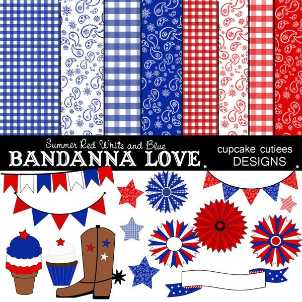 Summer Bandanna- Red white and blue  Digital Clipart Elements and Papers Commercial use for paper, invites, and web design