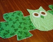 Rag Quilt Table Runner - Shamrocks & Green Owl - St Patricks Day Shamrock Table Runner - Spring Decor Raw Edge Applique Shamrock Runner