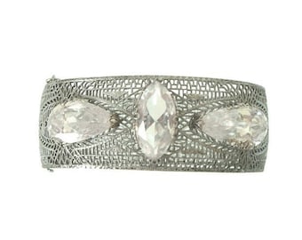 Art Deco Filigree Bracelet Crystal Hinged Bangle 1920s Art Deco Jewelry Wedding Bracelet