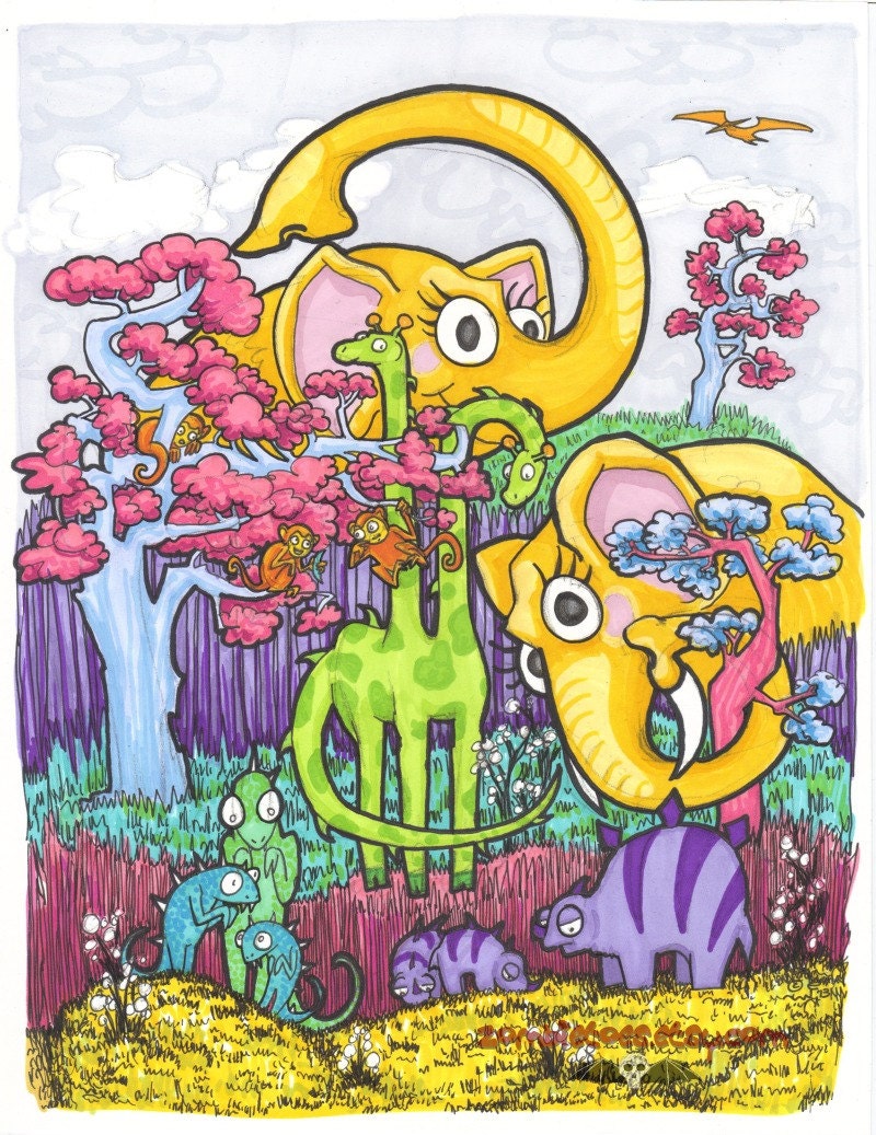 Prehistoric Parade Original dinosaur creatures pen and ink Cartoon Illustration lowbrow colorful story art
