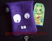 Purple Dork Cartoon Face Pouch with Alien Monster Finger Puppet hand sewn Felt toy Bag silly fun kids one of a kind