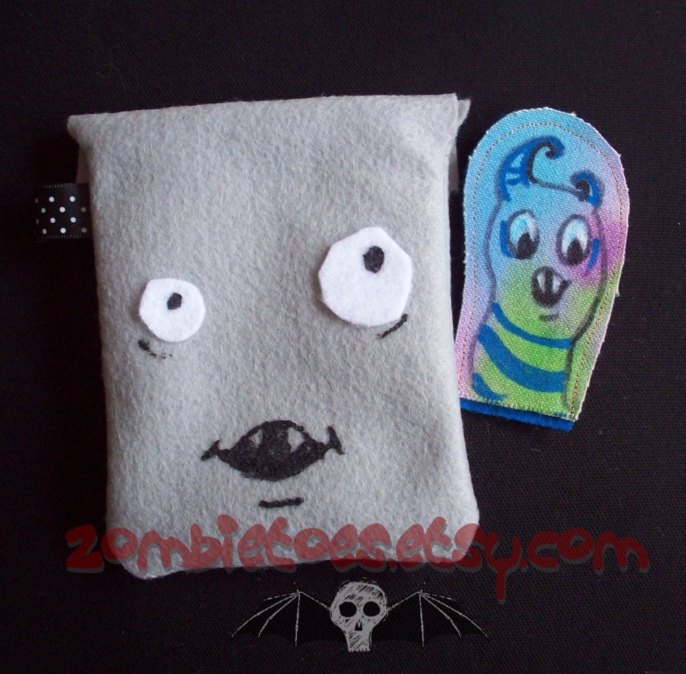 Grey Monster Cartoon Face Pouch with Finger Puppet hand sewn Felt toy Bag silly fun kids one of a kind