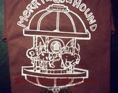 Merry Go Hound Small unisex adult T Shirt Maroon dog carnival Humor Screen Print fashion fire hydrant carousel silly hand pulled Cartoon Art