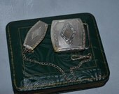 1920 1930s Vintage Antique Sterling Watch Chain Fob and Matching Buckle Set. In Gift Box.  Art Deco Diamond Design - FlanneryCrane