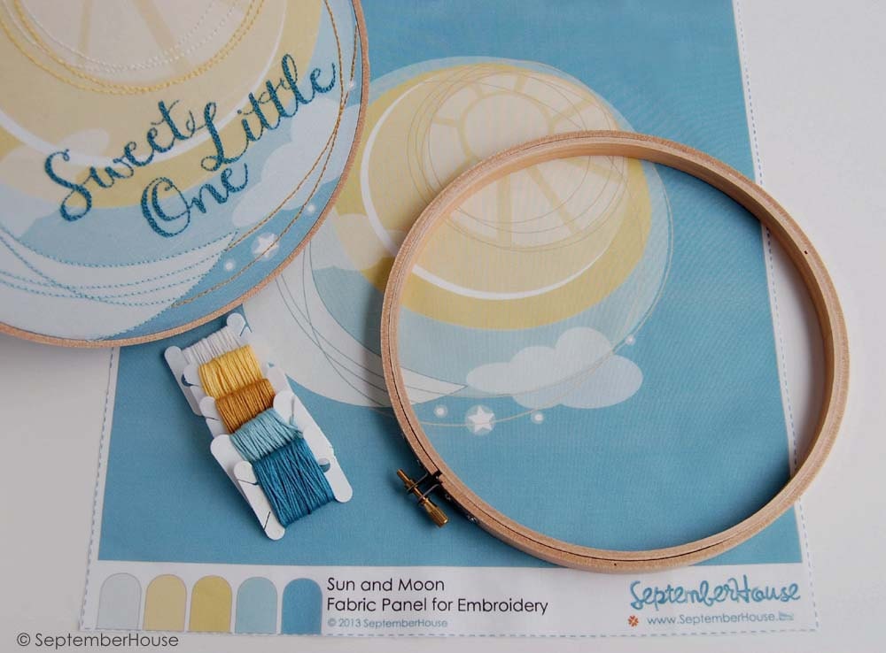 Sun and Moon Fabric Panel for Embroidery KIT, free hand embroidery pattern included