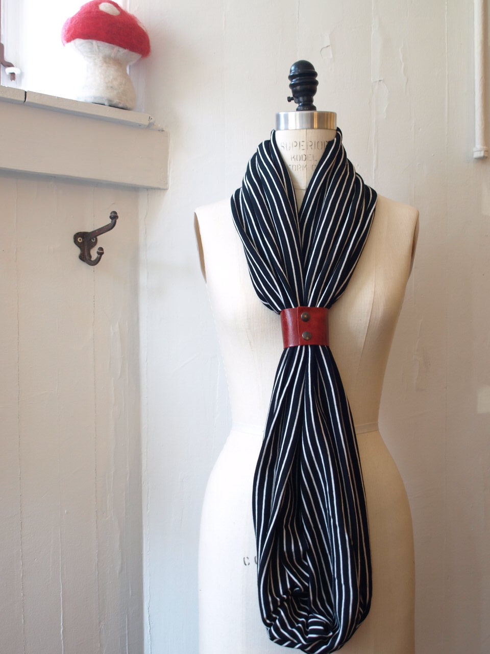 Black and white stripes circular infinity scarf with red  leather cuff