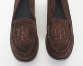 vintage brown suede loafers with anchor print