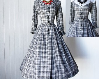 vintage 1950's dress ...2 in 1 BLACK & WHITE GINGHAM covertible collar full skirt shirtwaist lucy dress l xl