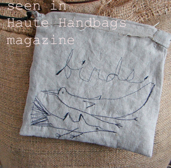 Wristlet Bag, Linen, Birds Freestyle Sewn, Small Bag