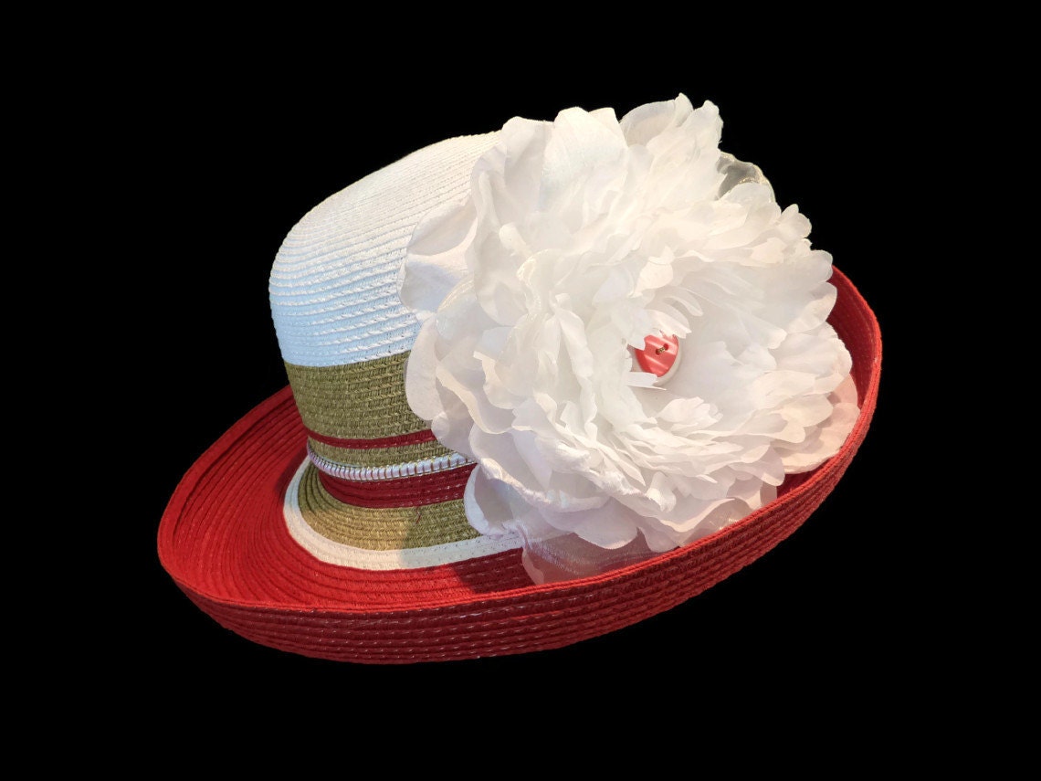 Spring Fashion Easter Hat, Garden and Tea Party Hat in White and Red Color Block is - "CLASSIC IN STRIPES"
