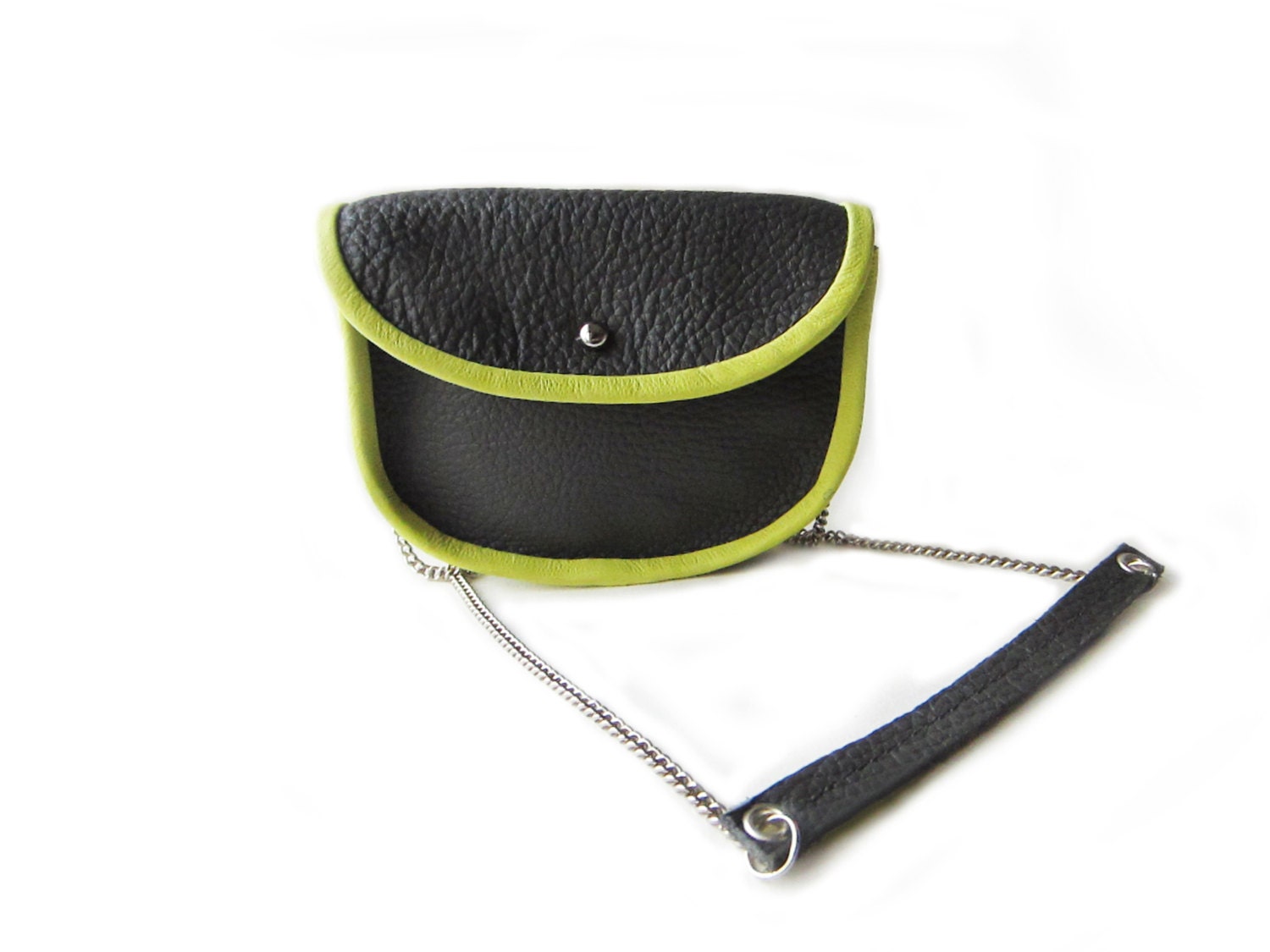 leather shoulder bag wallet grey caterpillar chain purse lime piping