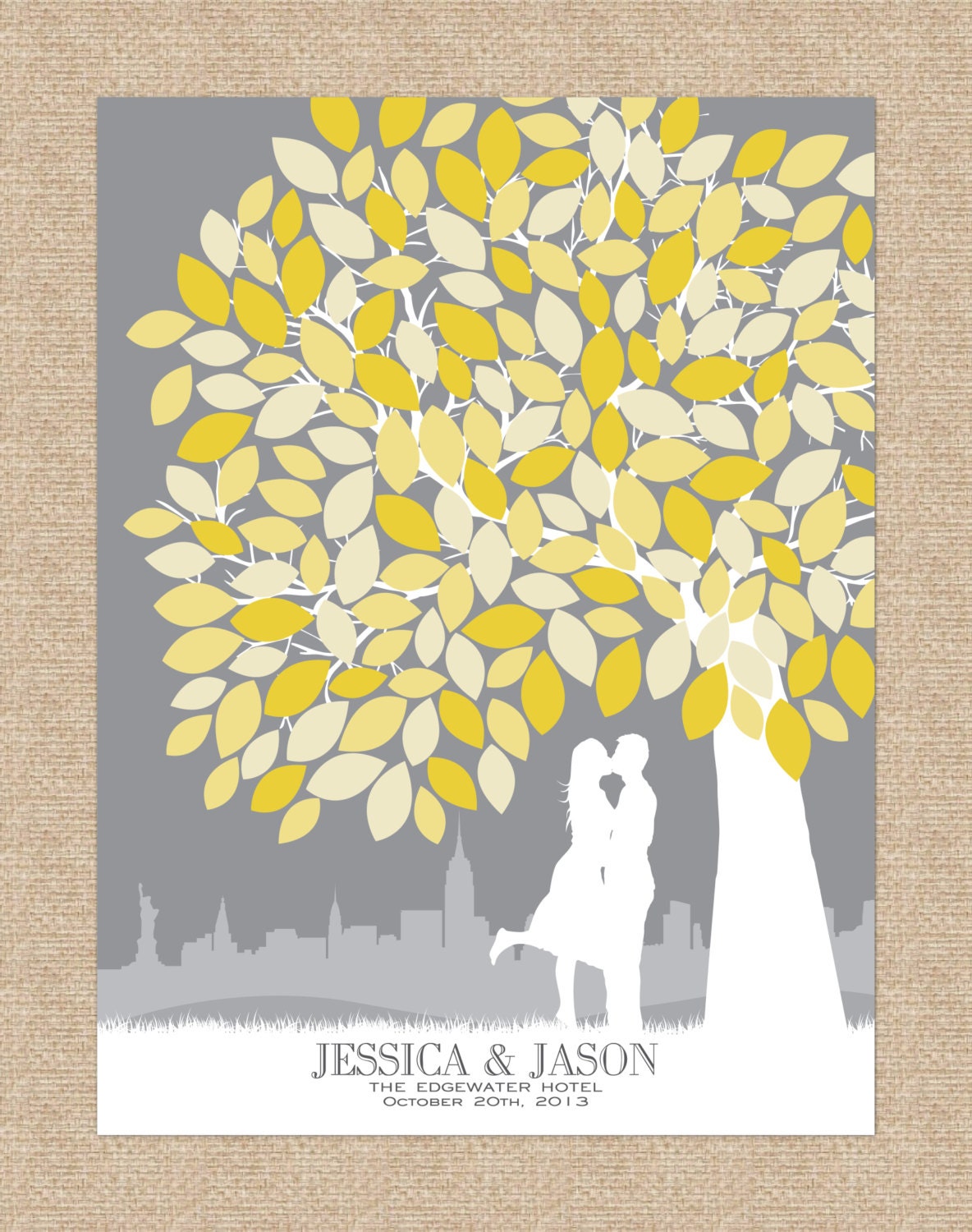 Wedding Signature Poster Art Print - Personalized Skyline & Silhouette Guestbook Print, 175 Signatures, Size- 16x20