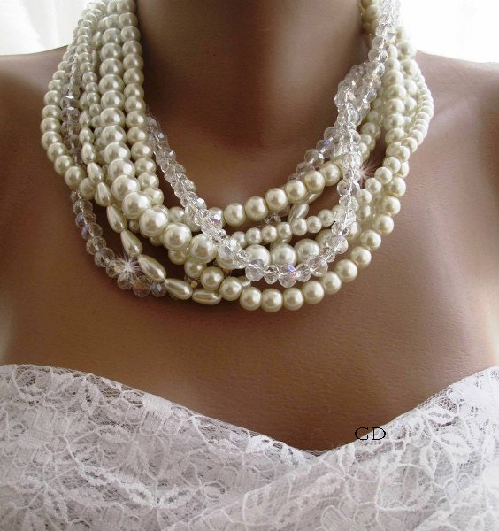 Chunky layered Wedding ivory glass pearl,2 layers rondelle glass bead necklace,Handmade Wedding  chain, Bridal  Pearl