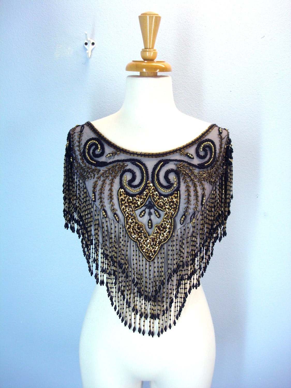 Vintage Beaded Collar / Heavy Black Gold Collar / Beaded Shawl