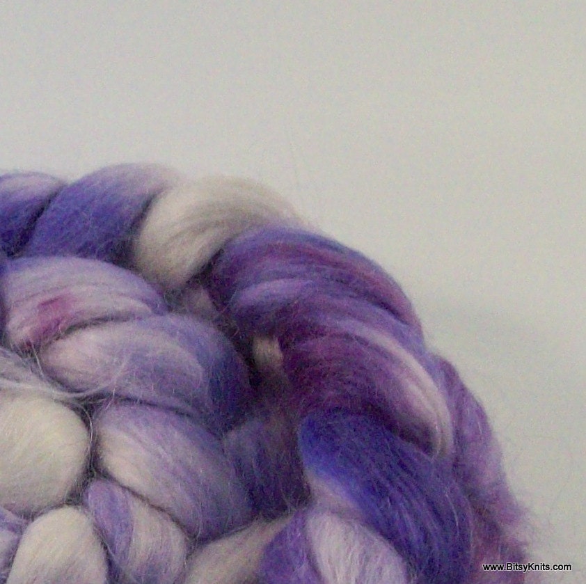 Baby Suri Alpaca Top / Roving -  2 oz braid handpainted colorway "Diaphanous Folds of Lilac"