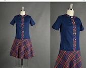 25% Off Sale Vintage 1960s Dress, 60s Dress mini tartan plaid cotton preppy navy blue red