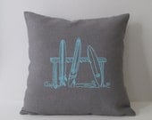 Linen Pillow Cushion Cover  -  Aqua Blue Surfboards on Gray linen - 16 x 16 inches