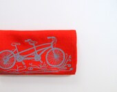 Linen Tea Towel - Orange Linen with Tandem Bicycle in Gray