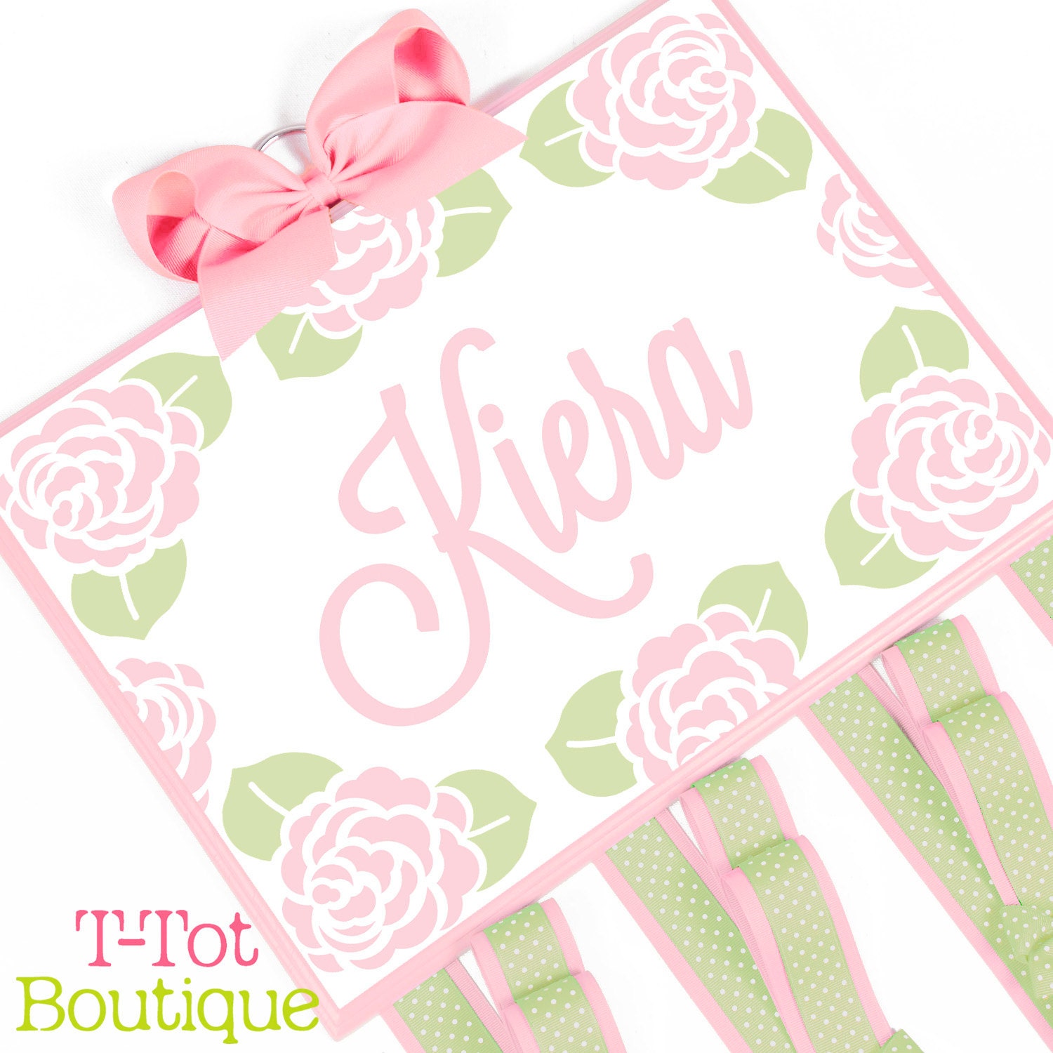 NEW - Custom Handpainted Boutique Childrens Hair Bow Holder Personalized Roses Flowers Shabby Chic Floral - EXTRA LARGE