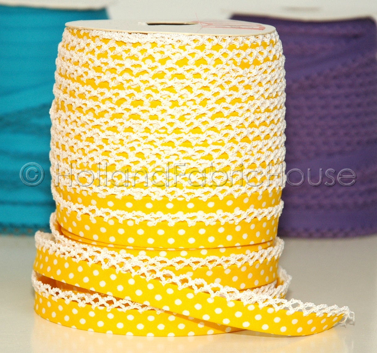 Bias Tape Double Fold Yellow Polka Dot Cotton and Crochet Lace