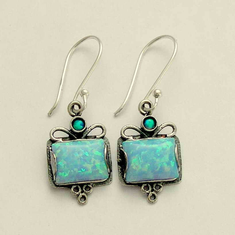 Sterling silver oxidized earrings with blue opal gemstones - Long Night.