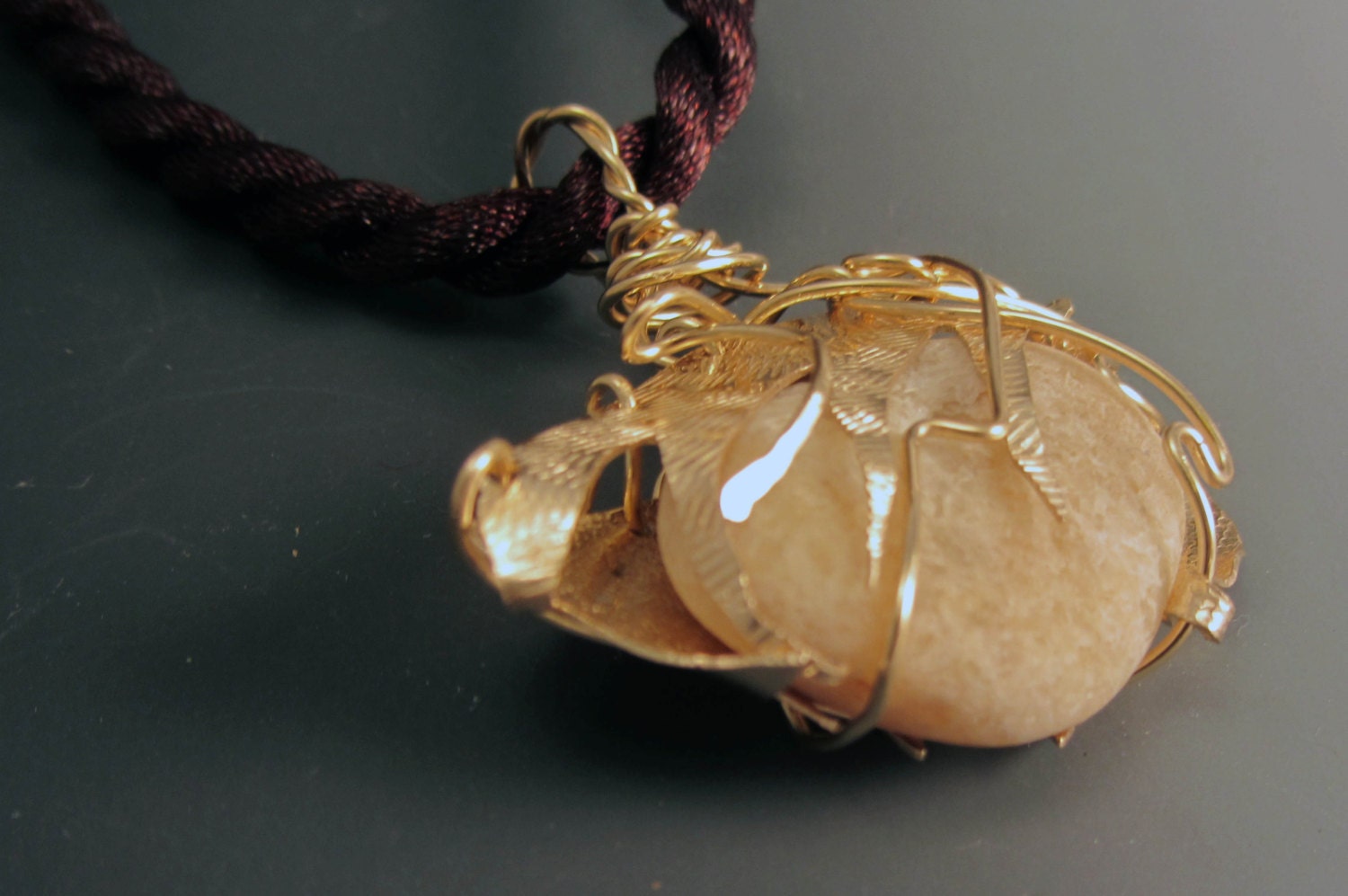 OOAK Wabi Sabi Beach Pebble Brass Gold Pendant Choker Necklace