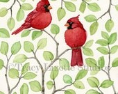 Cardinals in Leaves No 2 - 8x10 ORIGINAL watercolor painting by Tracy Lizotte