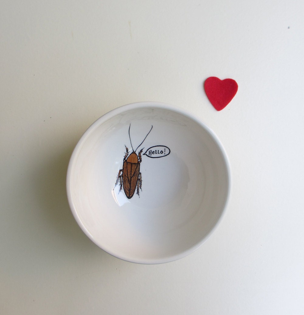 White ceramic bowl, brown cockroach insect bowl, Hello cereal bowl, Valentine's day gift for boyfriend - catherinereece