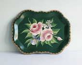 Small Toleware Tray with Hand Painted Pink Roses, Green Leaves and Purple Flowers