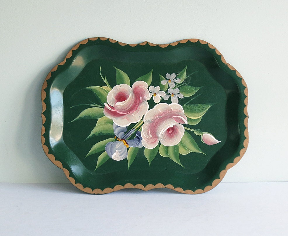 Small Toleware Tray with Hand Painted Pink Roses, Green Leaves and Purple Flowers
