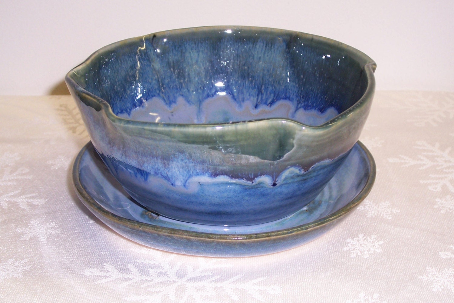 Ceramic Planter with attached Saucer Blue Green Wheel Thrown Stoneware Ceramics Pottery