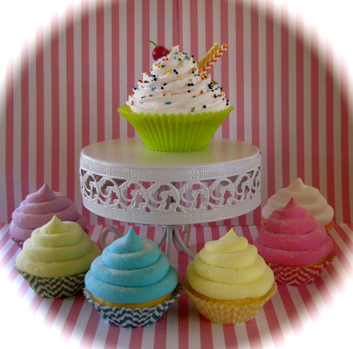 Candy Land Chevron Fake Cupcake Package Set 6 Standard Size, 1 Jumbo Cupcake Original 12Legs Design Fab Photo Shoot Props and Party Decor