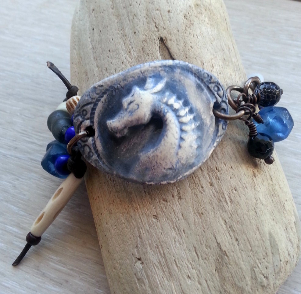 Blue Dragon Power bracelet  with ceramic  Agate recycled glass  padre beads bone  leather lampwork brass