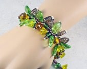Flowers Leaves Beadwork Woodland Garden Bracelet Green Copper Yellow Amber Gold toggle Clasp